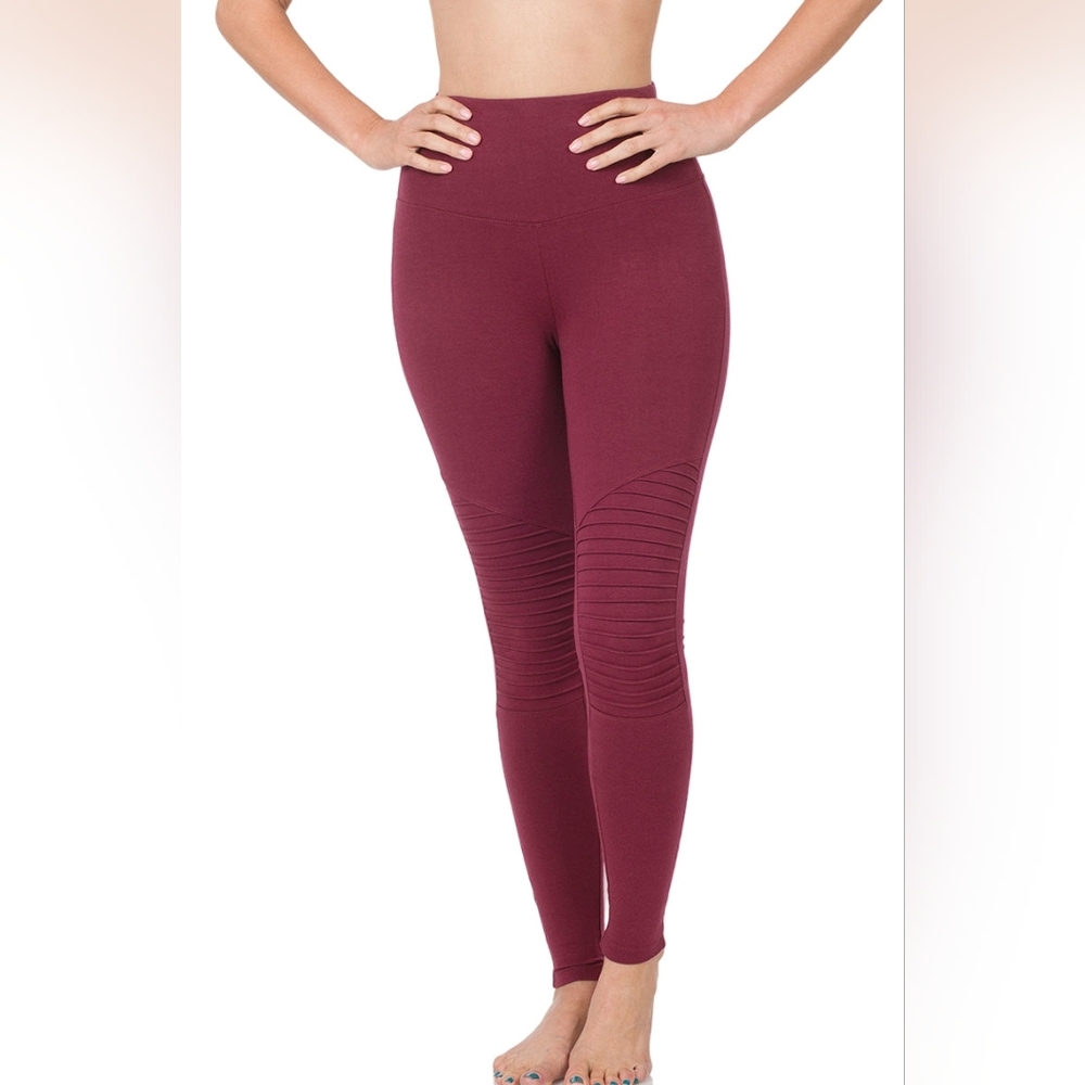 Zenana Outfitters Dark Burgundy Cotton Wide Waistband Moto Leggings
